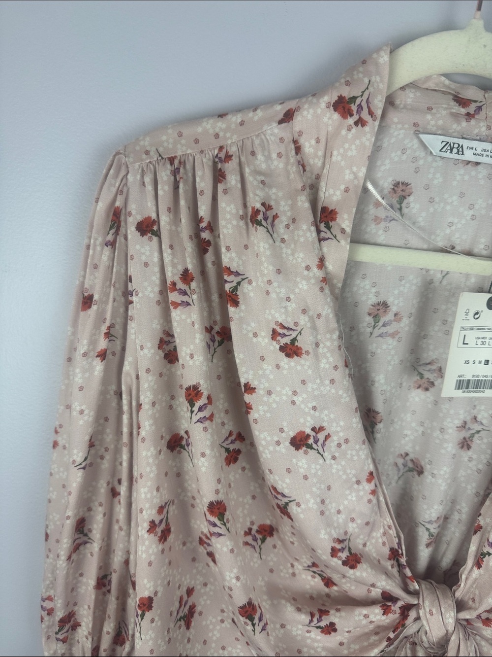 NWT Zara Floral Tie-Front Puff Sleeve Cropped Blouse - Mauve Pink - Size L - Picture 7 of 11